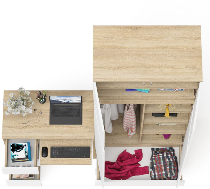 Мори компьютерный стол МС-6 левый + Шкаф МШ900.1 + Антресоль МА900.1, дуб сонома/белый