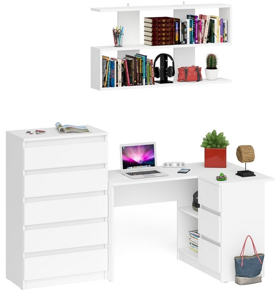 Мори компьютерный стол МС-16 правый + Комод МК700.5 + Полка 1200, белый