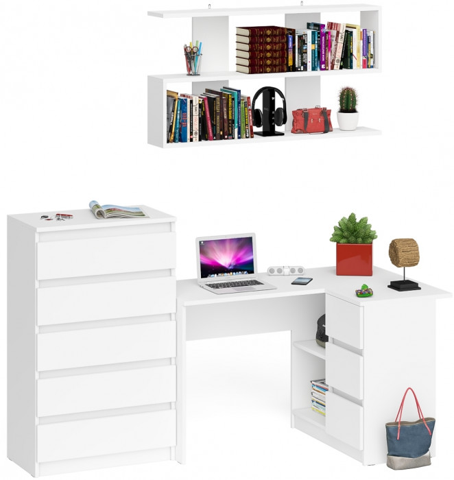 Мори компьютерный стол МС-16 правый + Комод МК700.5 + Полка 1200, белый