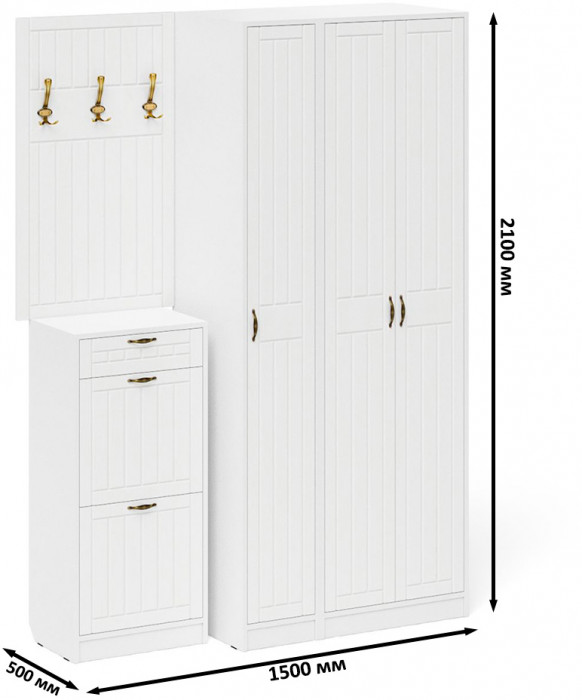 Прихожая П-6 Компоновка № 50, белая шагрень/фасады МДФ белое дерево фрезеровка прованс