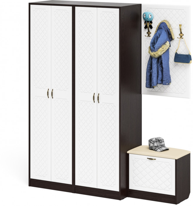 Прихожая П-6 Компоновка № 09, цвет венге/фасады МДФ белое дерево фрезеровка ромб, ШхГхВ 180х50х210 см., универсальная сборка