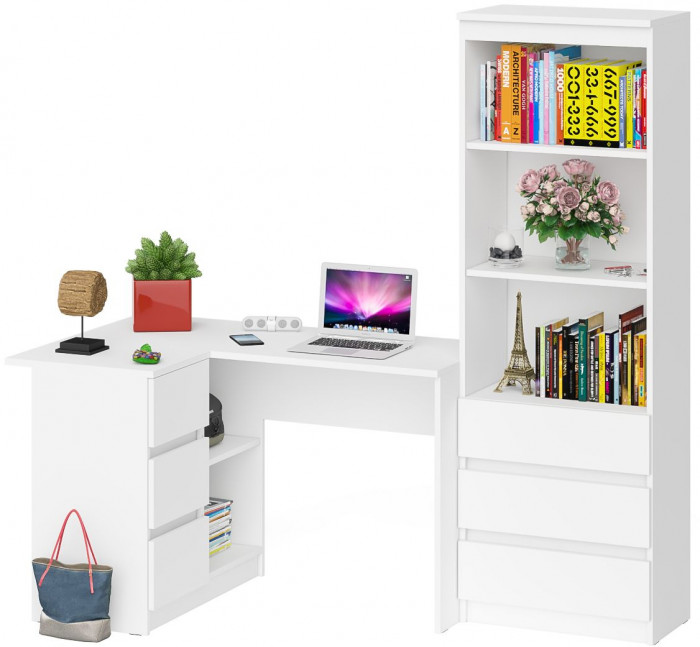 Мори компьютерный стол МС-16 левый + Стеллаж МСТ600.3, белый
