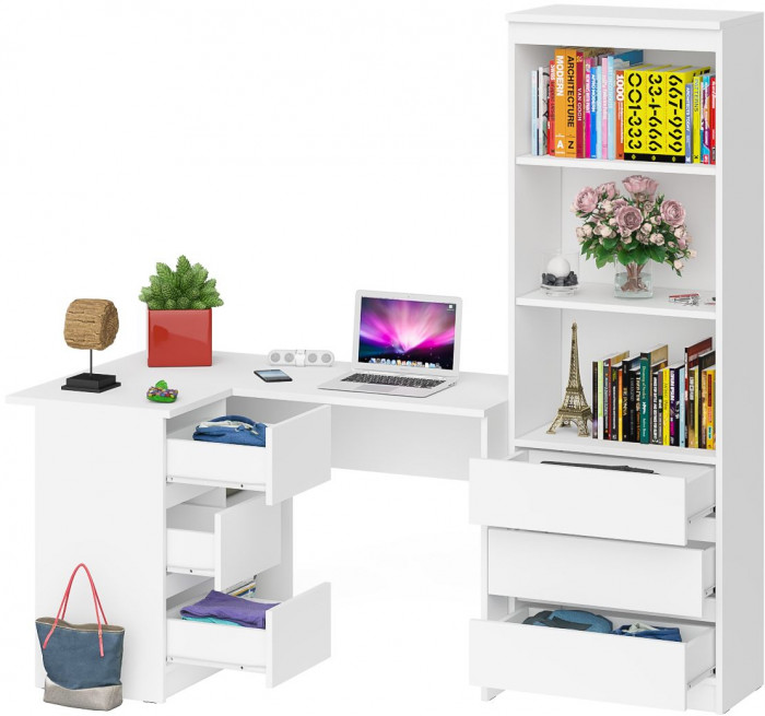 Мори компьютерный стол МС-16 левый + Стеллаж МСТ600.3, белый