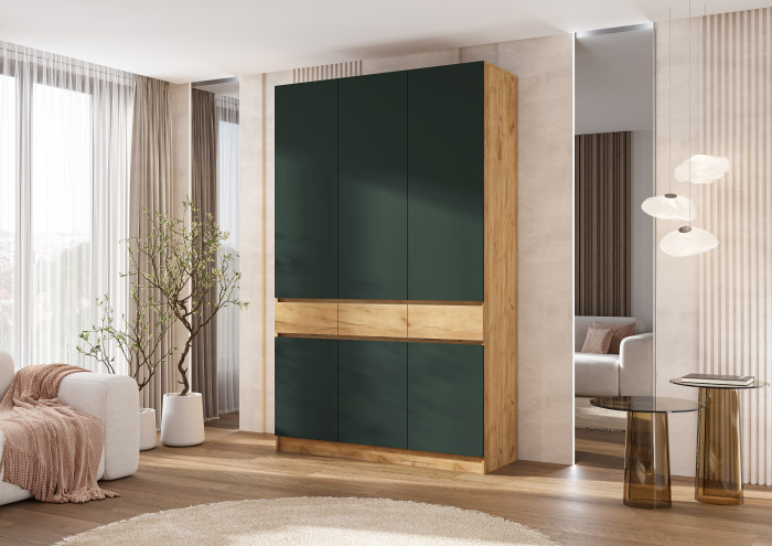 Роджина Шкаф 3-х створчатый, Дуб крафт/Изумрудный