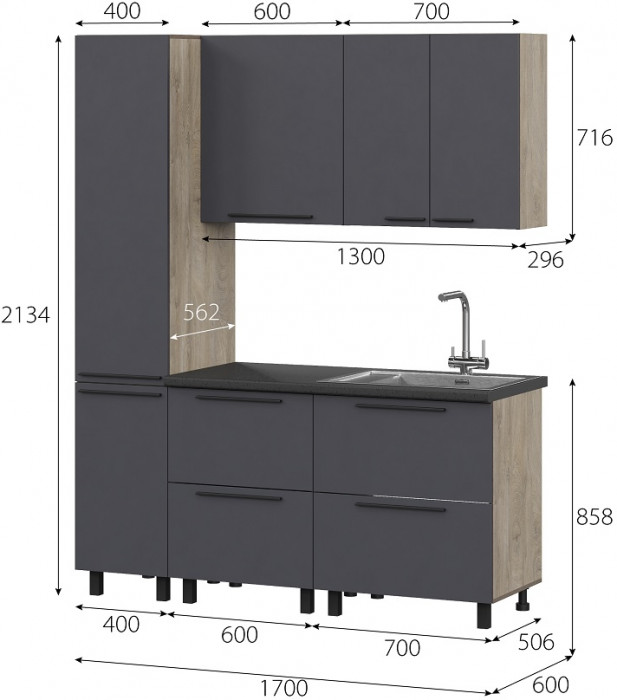Кухня Этна 1.7 м. Комплект 1, софт графит