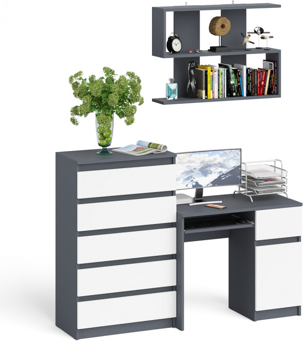 Мори Стол компьютерный МС-1 правый + Комод МК700.5 + Полка 900, цвет графит/белый, ШхГхВ 160,4х50х209,6 см., НЕ универсальная сборка