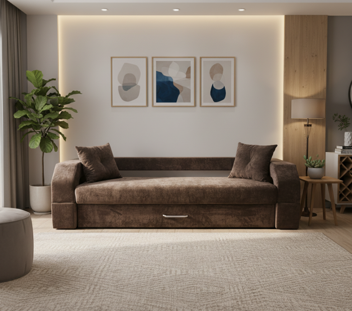 Диван-еврокнижка Манчестер, пружинный блок, 150х195, подсветка, велюр коричневый