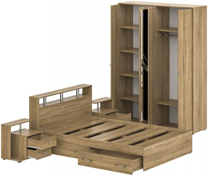 Камелия спальня № 8 Кровать с ящиками 1400 + Две тумбы + Шкаф 4-х створчатый, дуб сонома