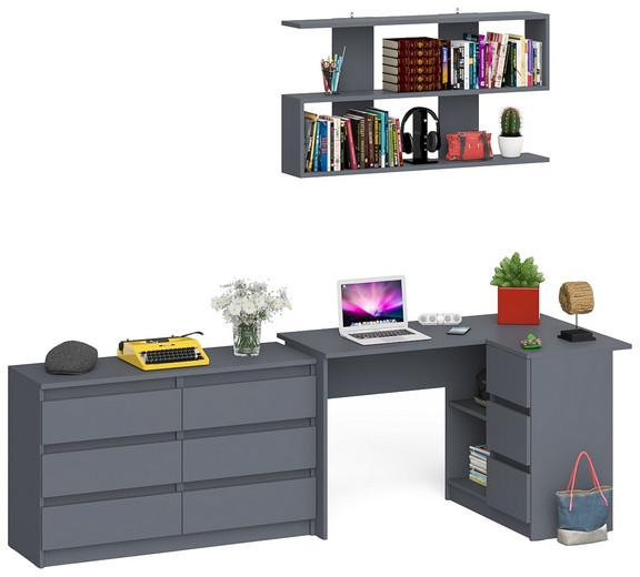 Мори компьютерный стол МС-16 правый + Комод МК1200.6 + Полка 1200, графит