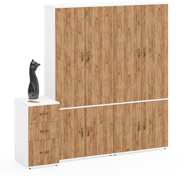 Лидер-8 Шкаф МД 20Б + Шкаф МД 20Б + Тумба МД 3.16, цвет белый шагрень/крафт золото, ШхГхВ 200х50х190 см., НЕ универсальная сборка