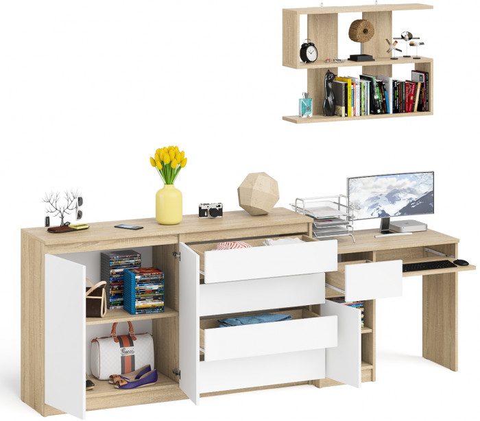 Мори Стол компьютерный МС-1 левый + Комод МК1600.1 + Полка 900, цвет дуб сонома/белый, ШхГхВ 250,4х50х209,6 см., НЕ универсальная сборка