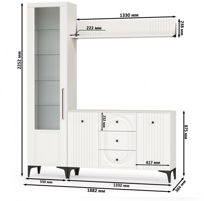 Валенсия Гостиная № 093, цвет ЛДСП белый шагрень/МДФ белый шагрень, ШхГхВ 188,2х38,4х225,2 см., универсальная сборка