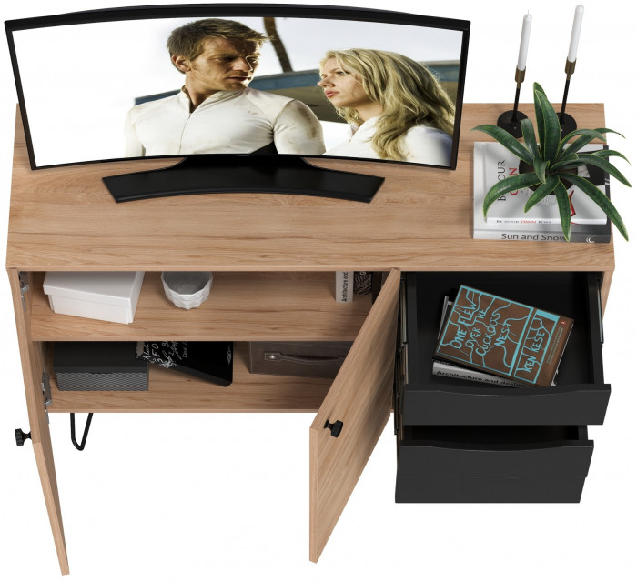 Брюс Комод-тумба 16.233, цвет чёрный/Battle rock Santiago, ШхГхВ 113,4х38,3х85,6 см., универсальная сборка, две дверки и четыре выдвижных ящика