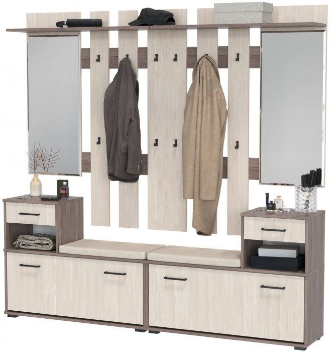Лира ГК Прихожая 2 Два х Тумба под обувь + Два х Вешалка с зеркалом, цвет бодега тёмный/бодега светлый, ШхГхВ 200х33х185 см., универсальная сборка