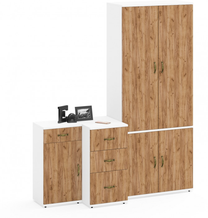 Лидер-8 Шкаф МД 20Б + Тумба МД 3.15 + Тумба МД 3.16, цвет белый шагрень/крафт золото, ШхГхВ 160х50х190 см., НЕ универсальная сборка