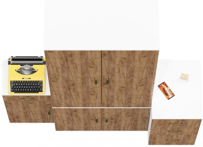 Лидер-8 Шкаф МД 20Б + Тумба МД 3.15 + Тумба МД 3.16, цвет белый шагрень/крафт золото, ШхГхВ 160х50х190 см., НЕ универсальная сборка