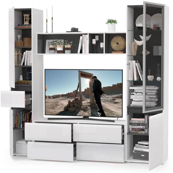 Сидней Комплектация № 023, корпус белый/чёрный/фасады МДФ белый глянец