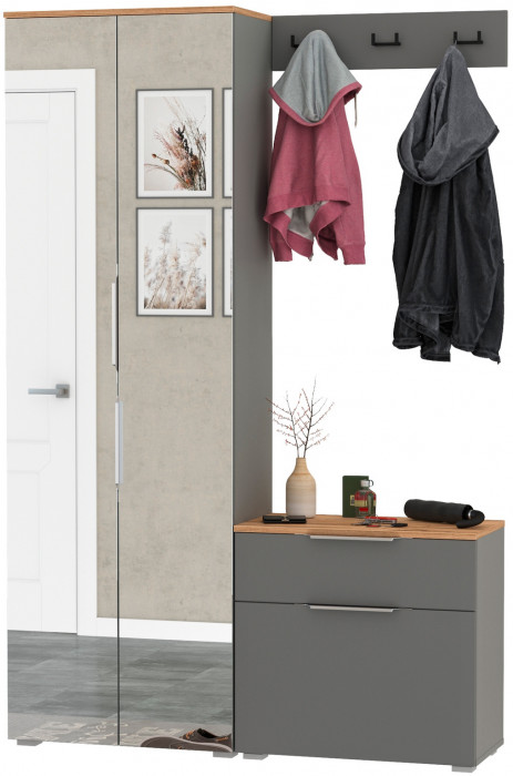 Октава Прихожая 11, цвет серый графит/дуб крафт золотой/фасады МДФ серый графит, ШхГхВ 129,3х35,4х197,6 см., универсальная сборка