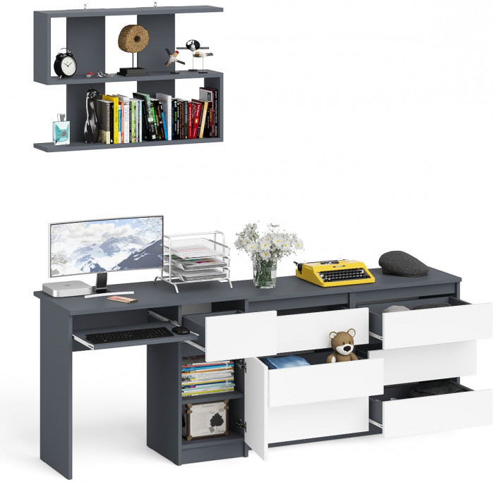 Мори компьютерный стол МС-1 правый + Комод МК1200.6 + Полка 900, графит/белый