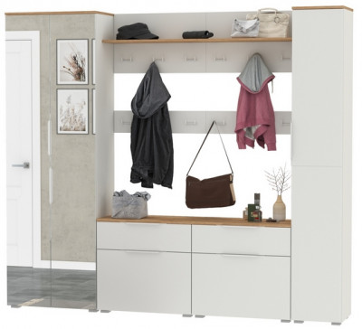 Октава Прихожая 33, цвет белый шагрень/дуб крафт золотой/фасады МДФ белый шагрень, ШхГхВ 226,4х35,4х197,6 см., универсальная сборка