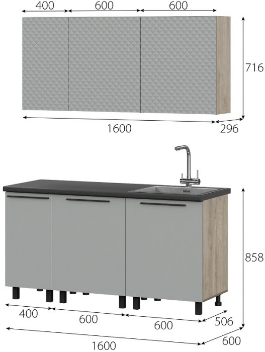 Кухня Этна 1.6 м. Комплект 3, софт грей гиза