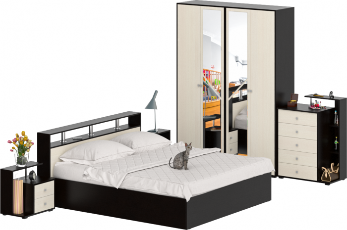 Камелия спальня № 4 Кровать 1800 + Две тумбы + Комод + Шкаф 4-х створчатый, цвет венге/дуб лоредо, сп.м. 1800х2000 мм., б/м, основание есть