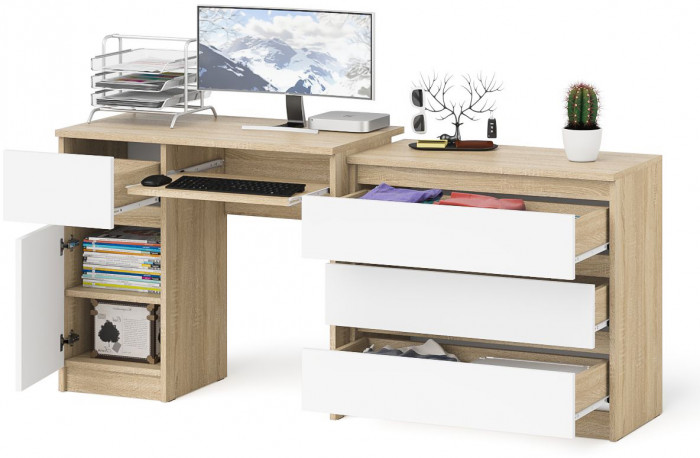 Мори Стол компьютерный МС-1 левый + Комод МК800.1, цвет дуб сонома/белый, ШхГхВ 170,4х50х76,6 см., выдвижной ящик слева, НЕ универсальная сборка
