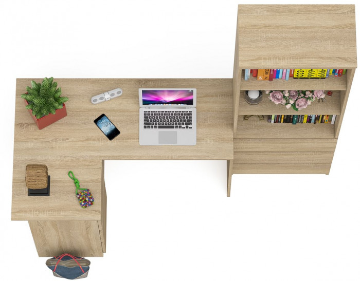 Мори компьютерный стол МС-16 левый + Стеллаж МСТ600.3, дуб сонома