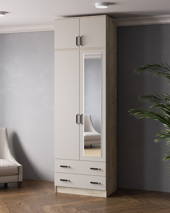 Шкаф 0,8 Лагуна с антресолью и зеркалом, Дуб крафт серый/Кашемир