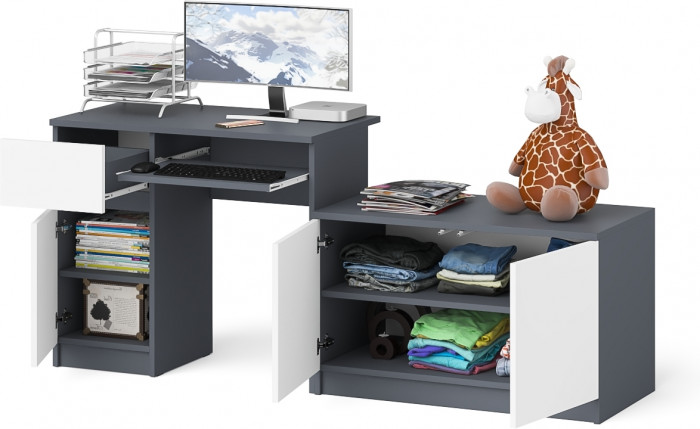 Мори компьютерный стол МС-1 левый + Тумба МА900.1, графит/белый