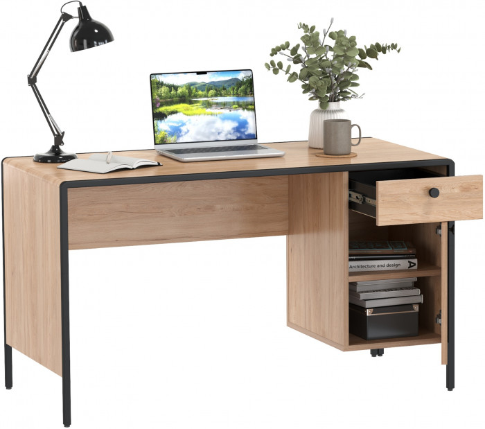 Брюс Стол письменный 12.157, цвет чёрный/Battle rock Santiago/столешница МДФ ель карпатская, ШхГхВ 130х62,6х75 см., универсальная сбока