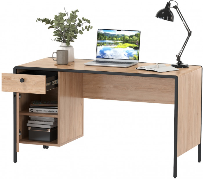 Брюс Стол письменный 12.157, цвет чёрный/Battle rock Santiago/столешница МДФ ель карпатская, ШхГхВ 130х62,6х75 см., универсальная сбока