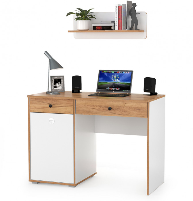 Вуди письменный стол 12.42 + Полка 15.46, белый премиум/дуб крафт золотой