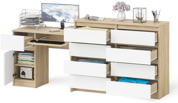 Мори компьютерный стол МС-1 левый + Комод МК1200.8, дуб сонома/белый