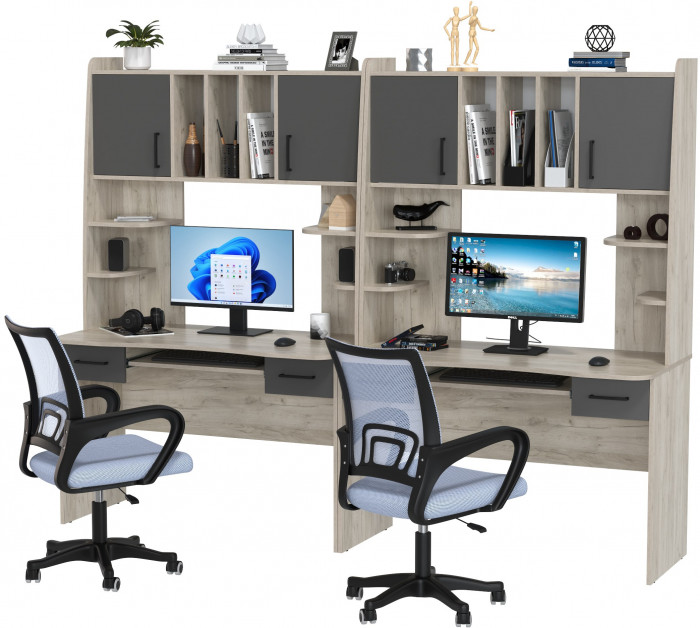 Два стола рабочих 6-0604 Бета + два кресла 103 серых, цвет дуб крафт серый/графит, ШхГхВ 240х60,5х183,5 см.