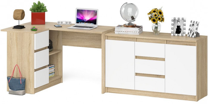 Мори компьютерный стол МС-16 левый + Комод МК1200.3, дуб сонома/белый