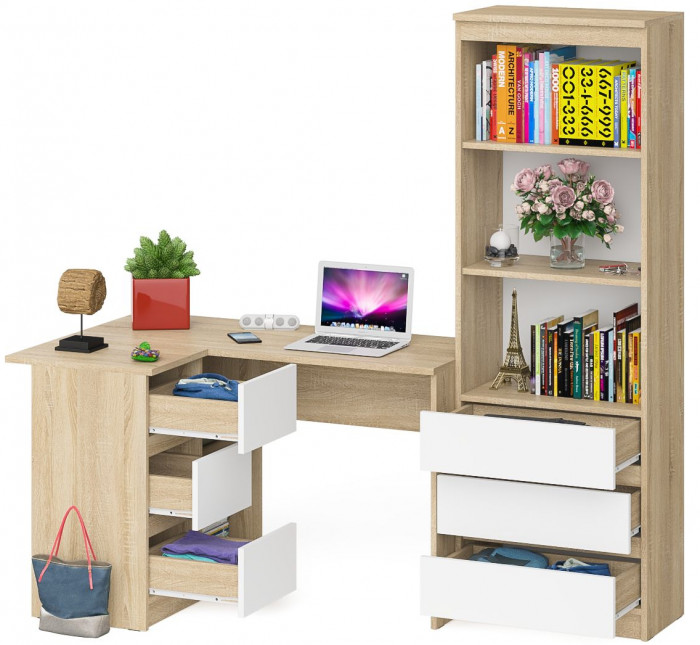 Мори компьютерный стол МС-16 левый + Стеллаж МСТ600.3, дуб сонома/белый