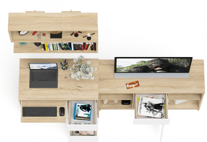 Мори компьютерный стол МС-6 правый + Тумба МТВ1204.1 + Полка 900, дуб сонома/белый