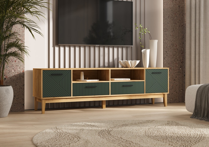 Тумба ТВ "Флэш" (2 двери/2 ящика), Крафт золотой/Браш мени грин