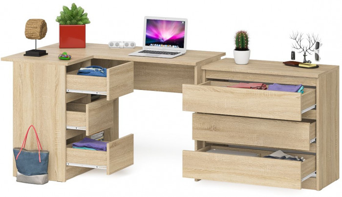 Мори Стол компьютерный МС-16 левый + Комод МК800.1, цвет дуб сонома, ШхГхВ 204,8х84,9х76,6 см., выдвижные ящики слева, НЕ универсальная сборка