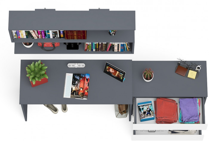 Мори Стол письменный МСП1200.1 + Комод МК800.1 + Полка 1200, цвет графит/белый, ШхГхВ 200,8х50х209,6 см., универсальная сборка