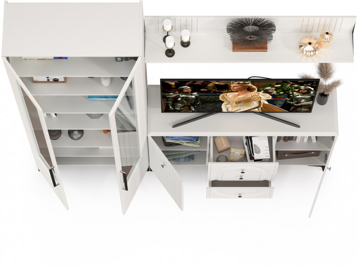 Валенсия Гостиная № 096, цвет ЛДСП белый шагрень/МДФ белый шагрень, ШхГхВ 217,3х38,4х225,2 см., универсальная сборка