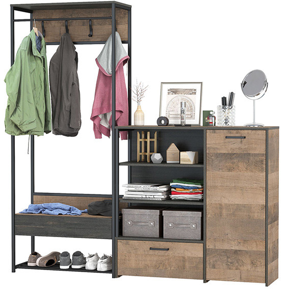 Трувор 15.120 Прихожая + 13.307.01 Комод, цвет дуб гранж песочный/интра, ШхГхВ 189х36,9х194,2 см., универсальная сборка