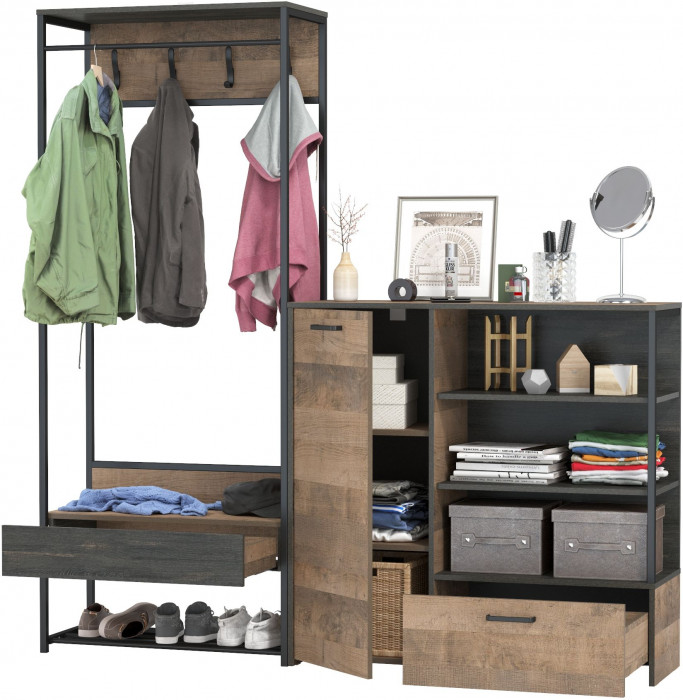 Трувор 15.120 Прихожая + 13.307.01 Комод, цвет дуб гранж песочный/интра, ШхГхВ 189х36,9х194,2 см., универсальная сборка