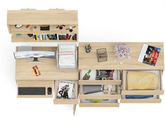 Мори компьютерный стол МС-1 правый + Комод МК1200.8 + Полка 900, дуб сонома