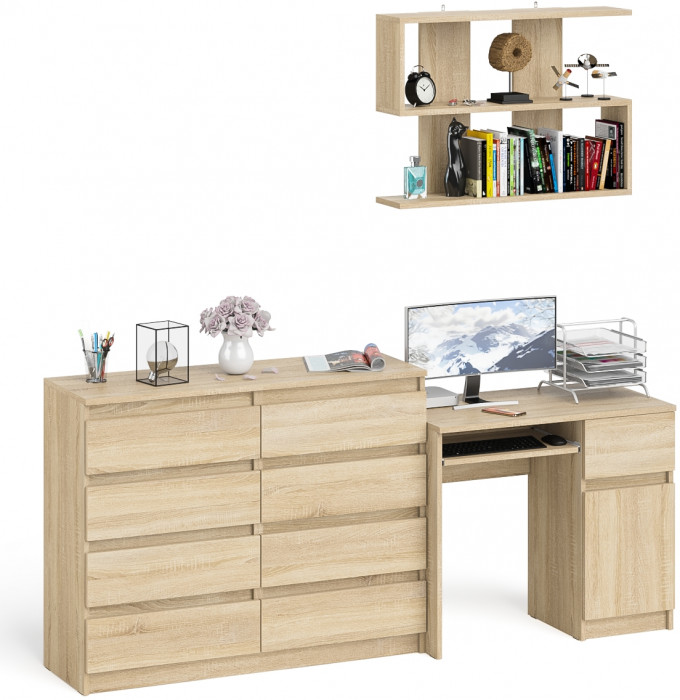 Мори компьютерный стол МС-1 правый + Комод МК1200.8 + Полка 900, дуб сонома