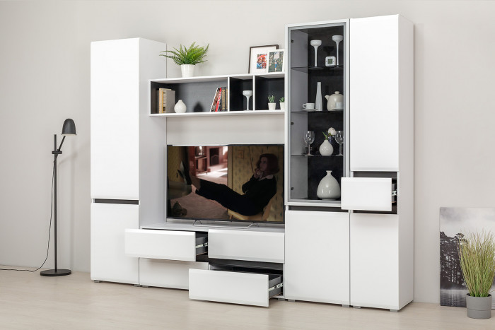 Сидней Комплектация № 025, корпус белый/чёрный/фасады МДФ белый глянец