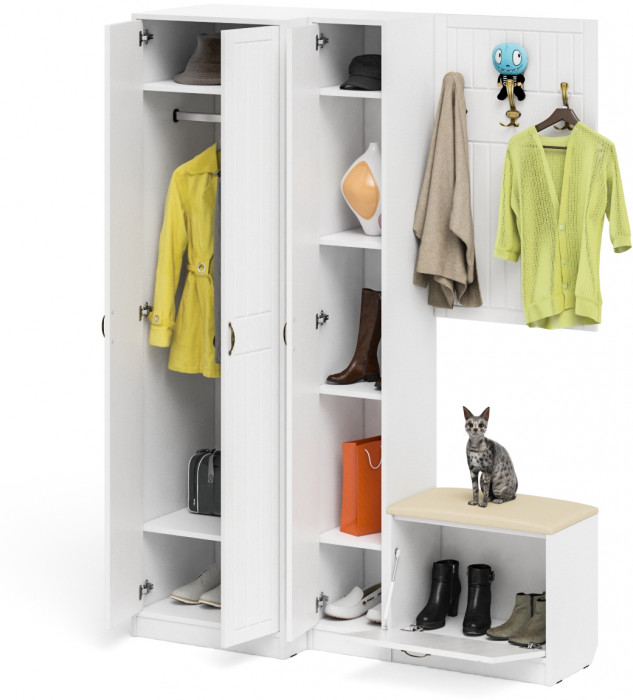 Прихожая П-6 Компоновка № 27, цвет белая шагрень/фасады МДФ белое дерево фрезеровка прованс, ШхГхВ 150х50х210 см., универсальная сборка