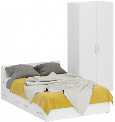 Кровать с ящиками 1400 + Шкаф 2-х створчатый Стандарт, белый