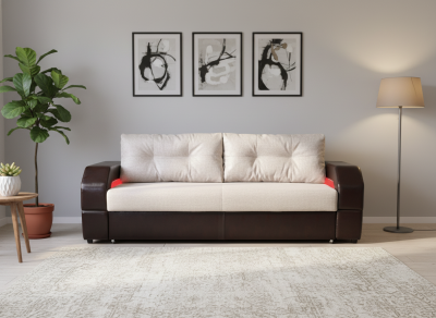 Диван-еврокнижка Манчестер 160х200, с подсветкой, велюр/экокожа бежевая/коричневая